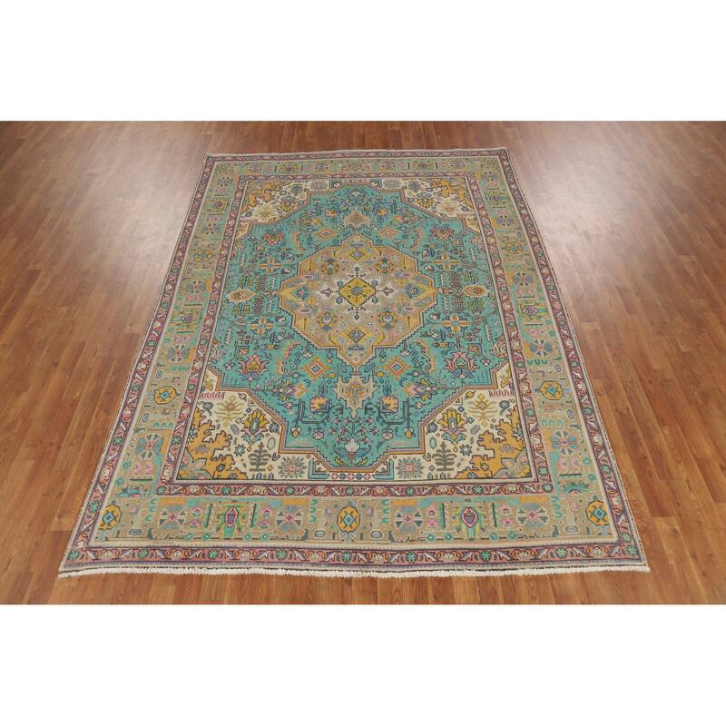 Hand Knotted Oriental 100% Wool Carpet Traditional Floral Navy Blue & Blues Tabriz Area Rug - 9' 6'' X 6' 9''