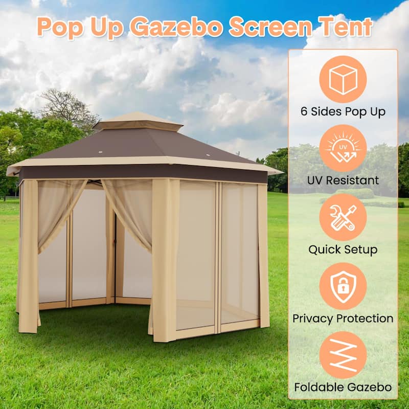 Pop Up Gazebo, Hexagonal Canopy Shelter with 6 Zippered Mesh Netting, Event Tent with Strong Steel Frame
