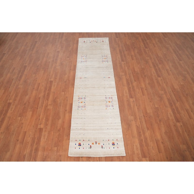 Hand Knotted Oriental Viscose Silk Carpet Tribal Animal Pictorial Beige & Ivories Gabbeh Runner Rug - 9' 9'' X 2' 6''