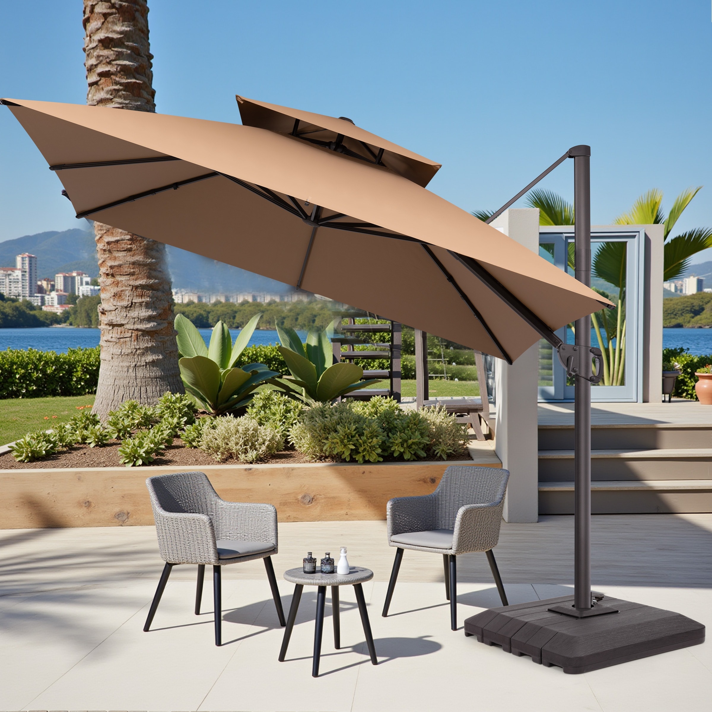 10ft outdoor patio sun shade umbrella cantilever LAUSAINT HOME Round Heavy Duty Cantilever Umbrella, UV Protection for Poolside, Garden, Backyard Customize your sun protection with the ergonomic locking handle and trigger 10FT Garden Sun Shade Cantilever