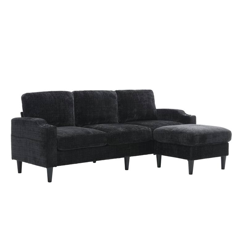 Modular Sectional Sofa with Storage Ottoman, Comfy Chenille Fabric Sofa, 3-Seater Sofa with Side Pockets & 2 Cup Holders