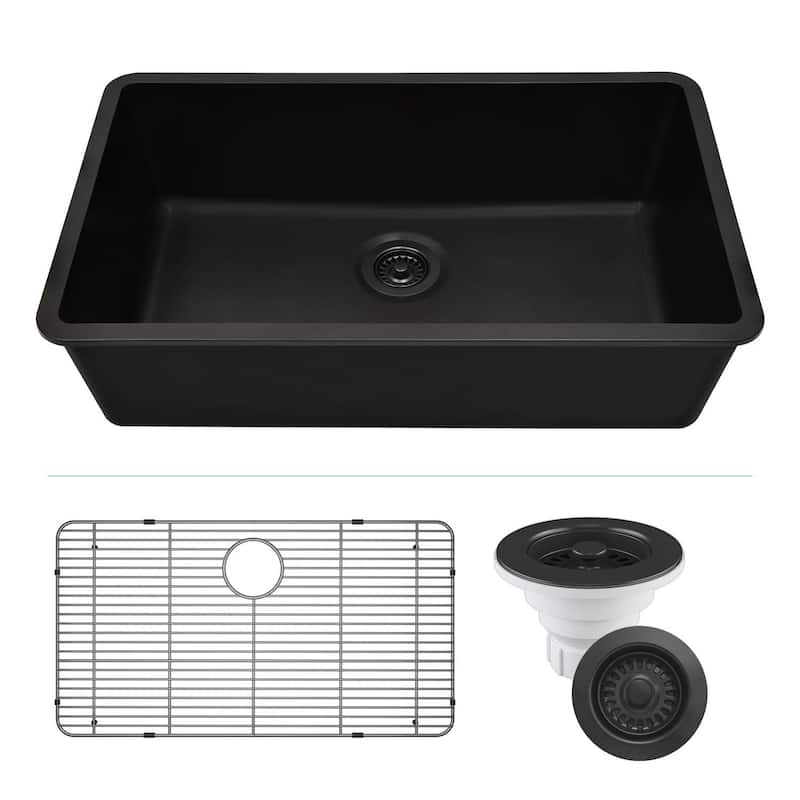 Lexicon Drop-In Quartz 32 Inch Single Bowl Kitchen Sink Kit - 32"x19" - Galaxy Black