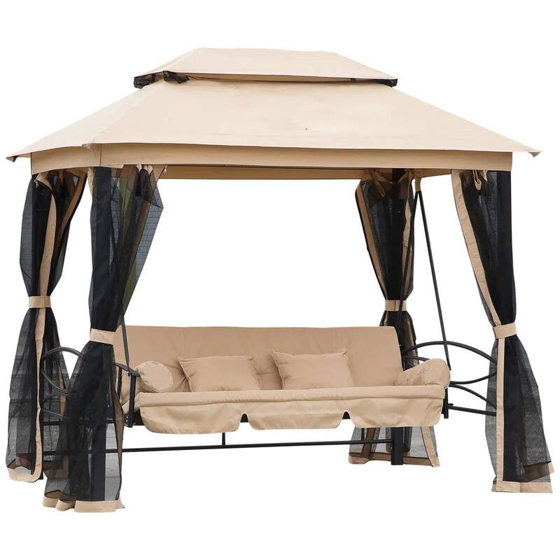 Luxury 3-Seat Patio Swing Chair,Dual Canopy,Mesh Walls,Comfort Cushion