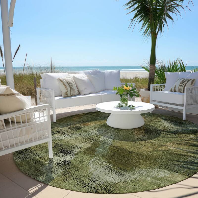Machine Washable Indoor/ Outdoor Chantille Distressed Chevron Rug - Olive - 8' x 8'