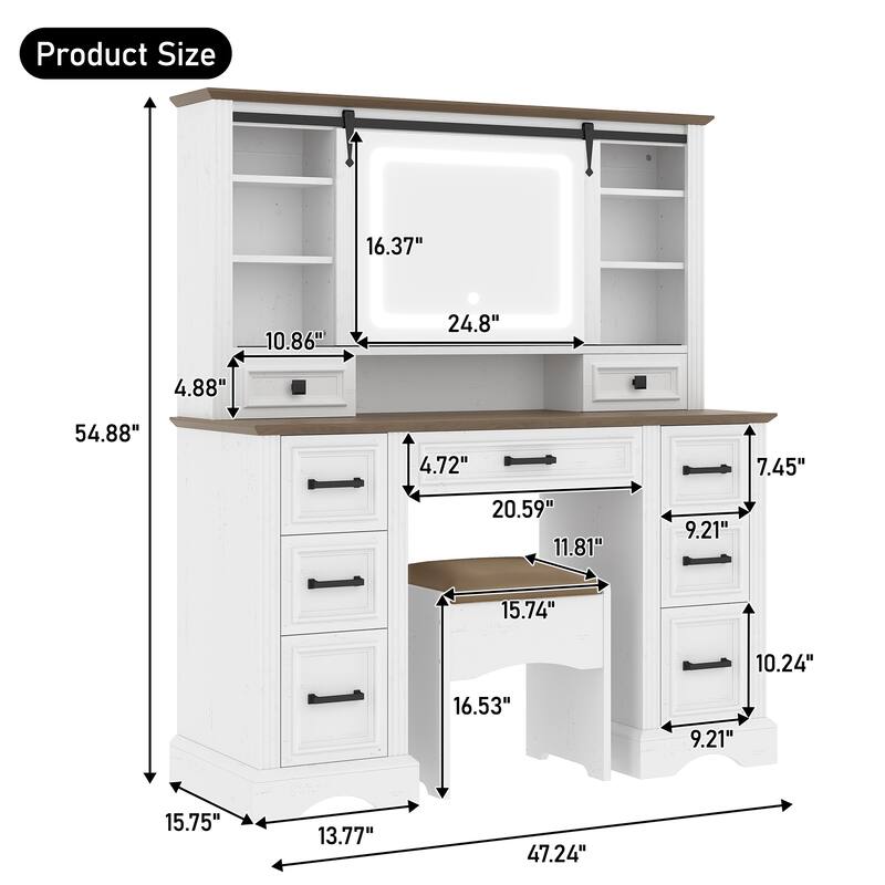 47.2" Farmhouse Makeup Vanity Desk with Sliding Mirror & LED Lights, 9-Drawer Dressing Table with Stool