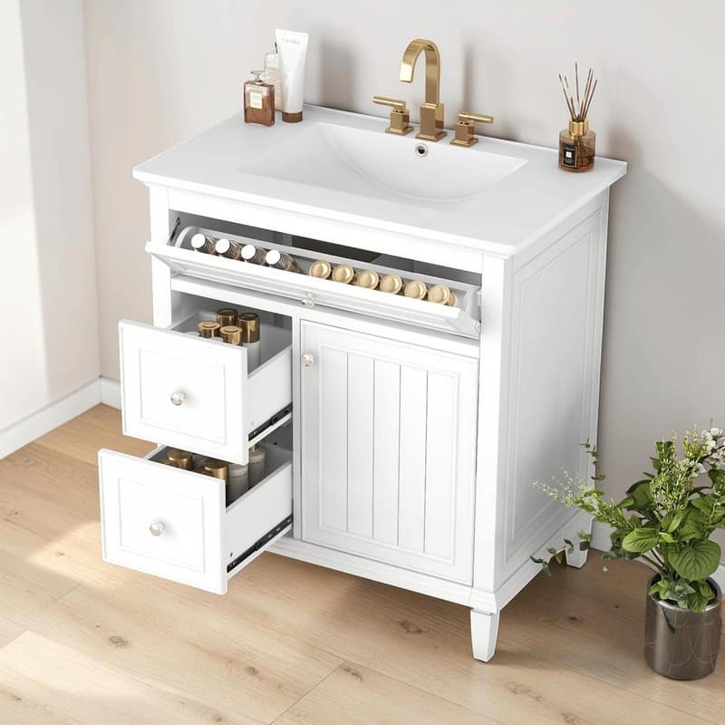30 Inch Bathroom Vanity with Sink, Modern Vanity Cabinet with One Flip Drawer and Two Storage Drawers - White