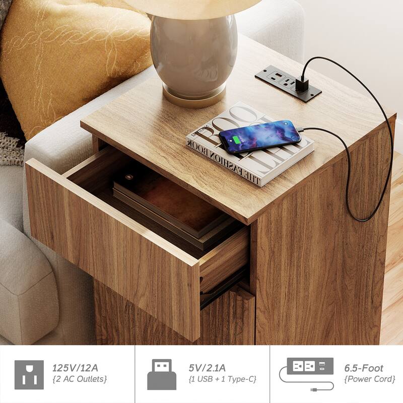4 Pcs Bedroom Set，Reeded Dresser and Nightstand Sets for Bedroom,Wooden Night Stand of 2 with Charging Station