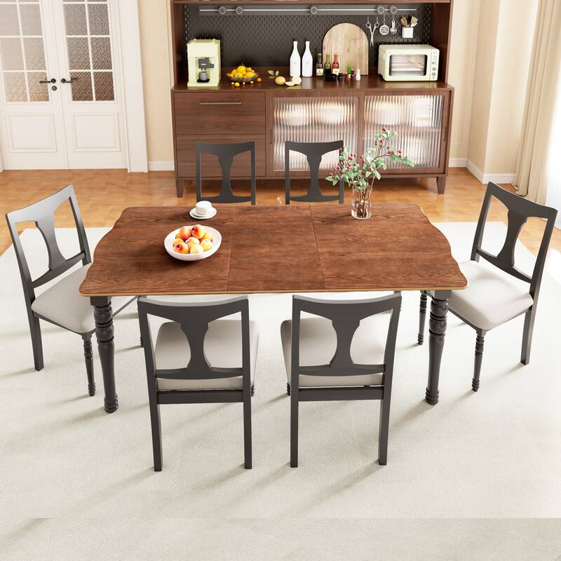 7-Piece Extendable Wood Dining Table Set with Removable Leaf and 6 Durable Chairs for Kitchen Use - Black