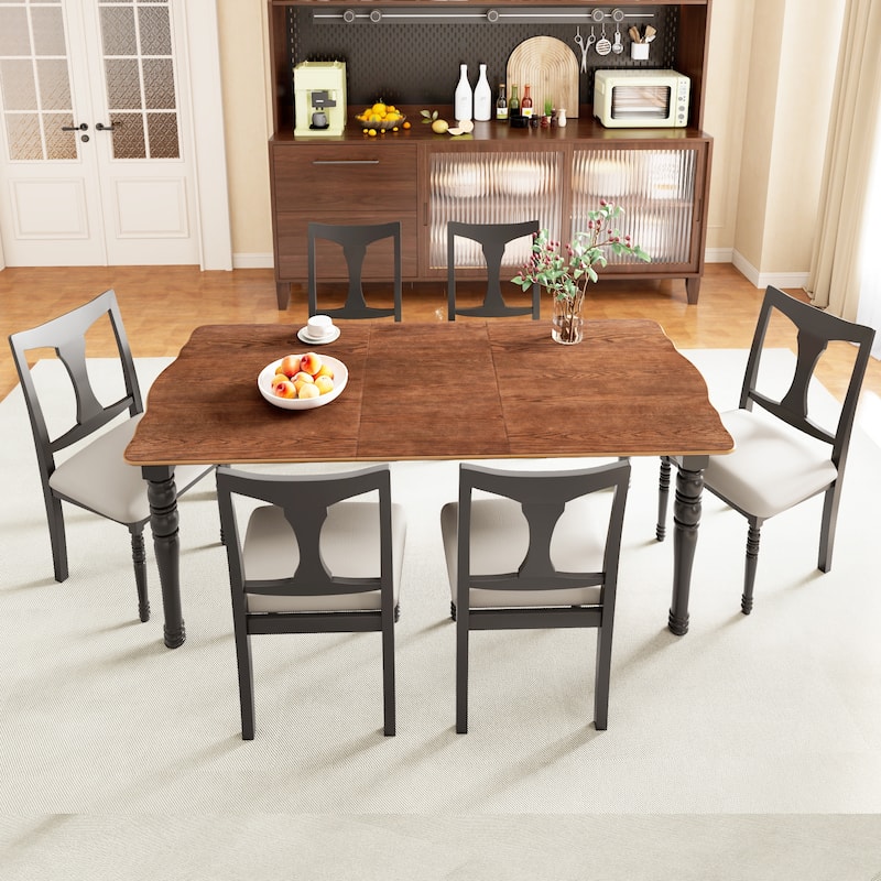 7 Piece Rectangle Dining Table Set with Extendable Wood Dining Table and 6 Upholstered Armless Chair for Dining Room - Black+Brown