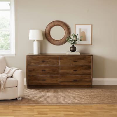 Tao 6 Drawers Dresser, Mango Wood, Walnut Finish, 60"