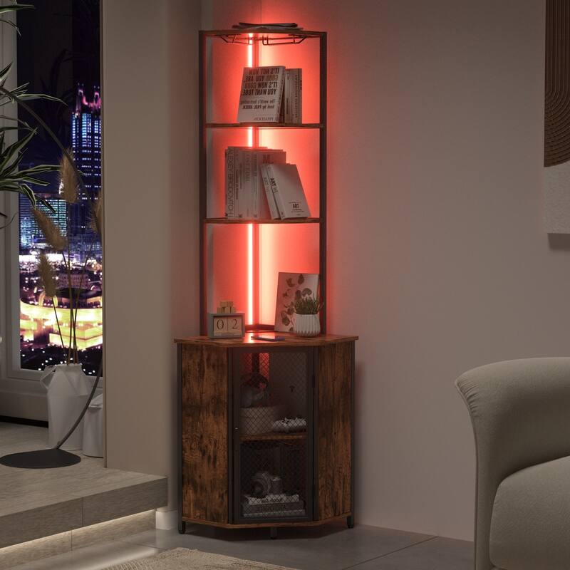 VECELO Tall Bookshelf 63.2"Large Bookcases Organizer with LED Lights Free-Standing Library Bookshelf with 5-Tier Storage Shelves