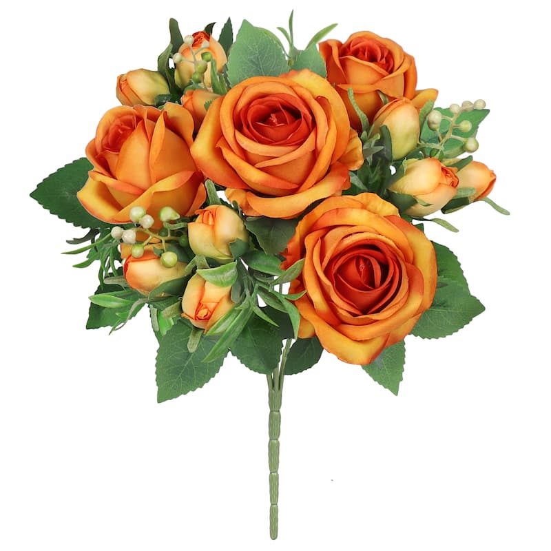 Set of 2 Orange Artificial Delicate Sweet Rose Flower Stem Bush Bouquet 14in - 14" L x 9" W x 9" DP