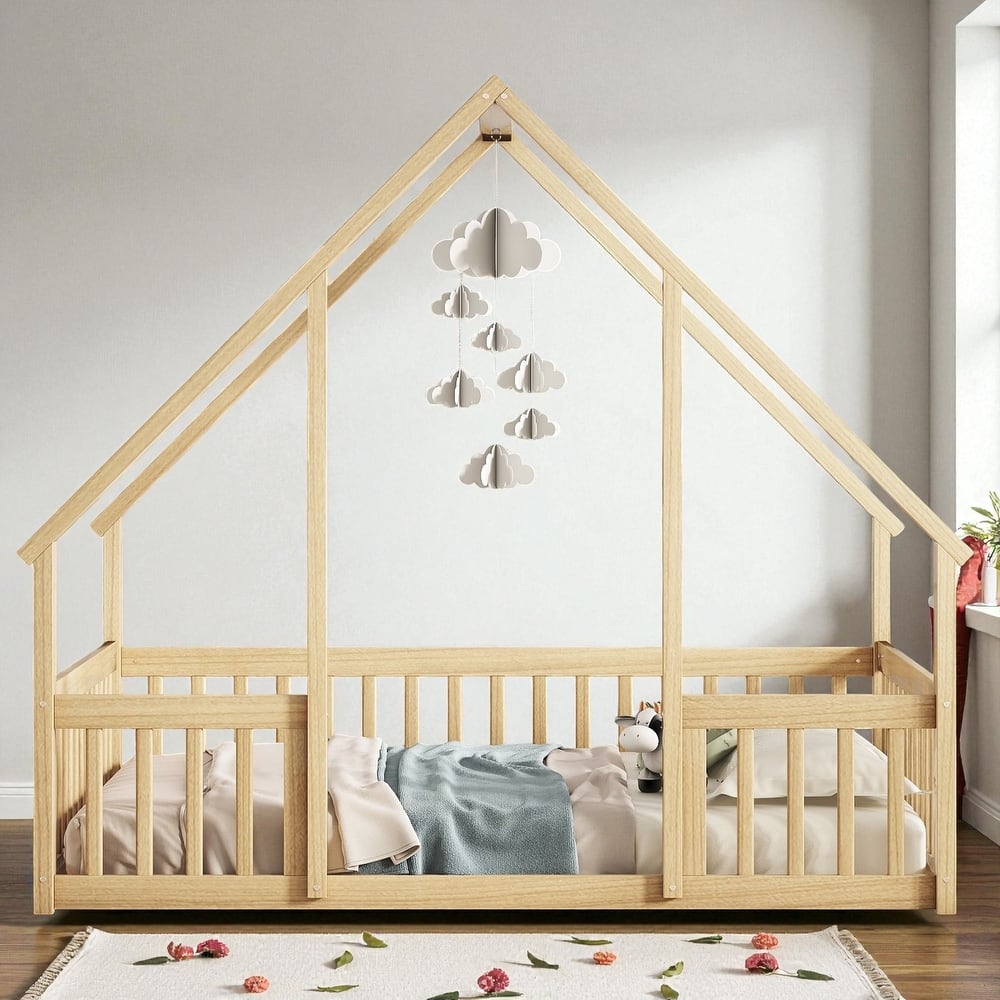 Twin/Full Size Wooden House-Shaped Floor Bed with Fence and Guardrails, Kids Montessori Bed with Roof Frame