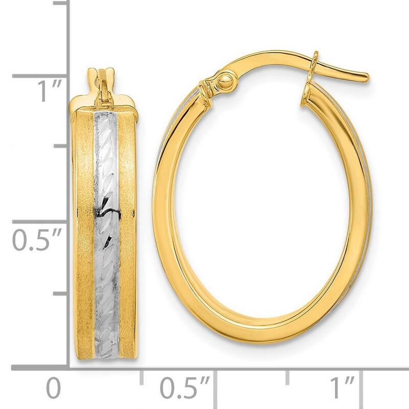 Curata 14k Yellow Gold and White Rhodium Satin Diamond Cut Oval Hoop Earrings 22.9x1.3mm