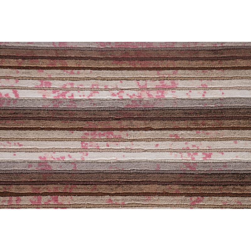 Striped Pink Abstract Area Rug Hand-Knotted Modern Wool Carpet - 6'6"x 9'0"