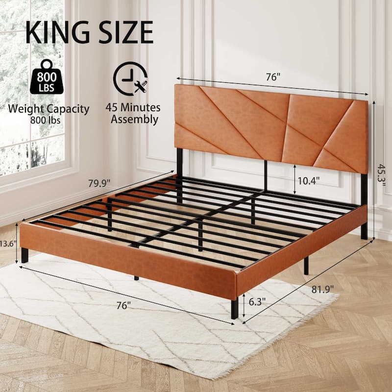 metal bed frame, square platform bed with under-bed storage, no spring-loaded mattress required, vintage brown
