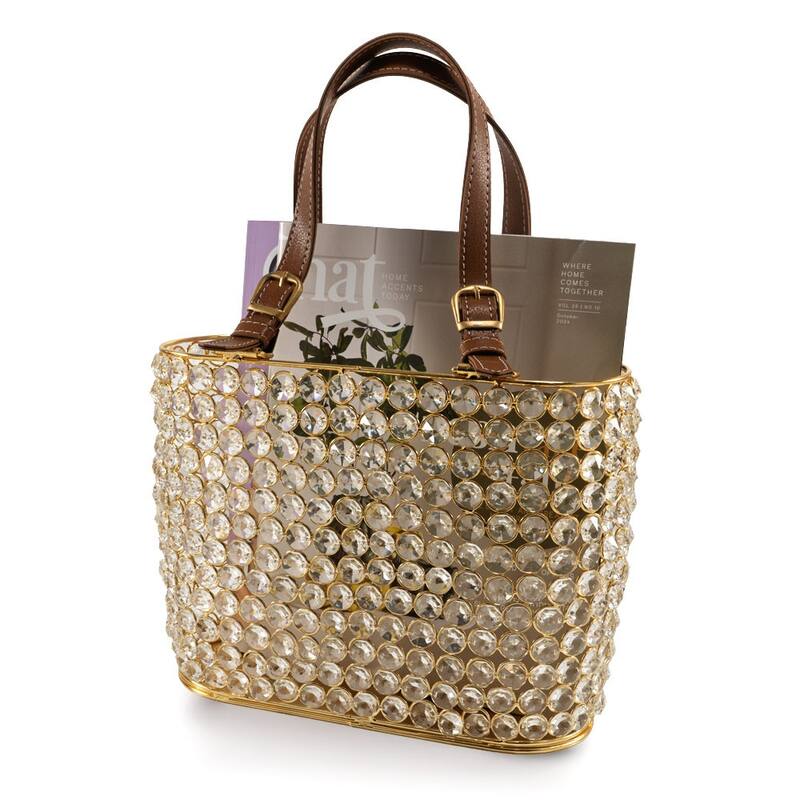 HomeRoots 11" Clear And Gold Faux Crystal And Metal Handbag Shaped Magazine Holder - Product