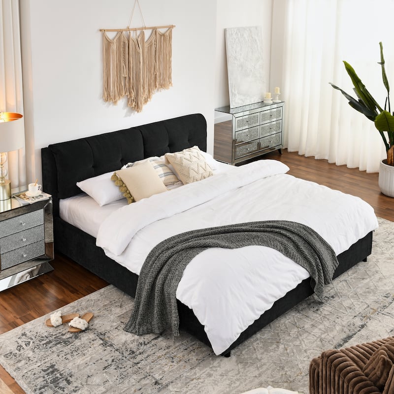 King Size Chenille Upholstered Bed with Hydraulic Lift-Up Storage & Integrated Headboard