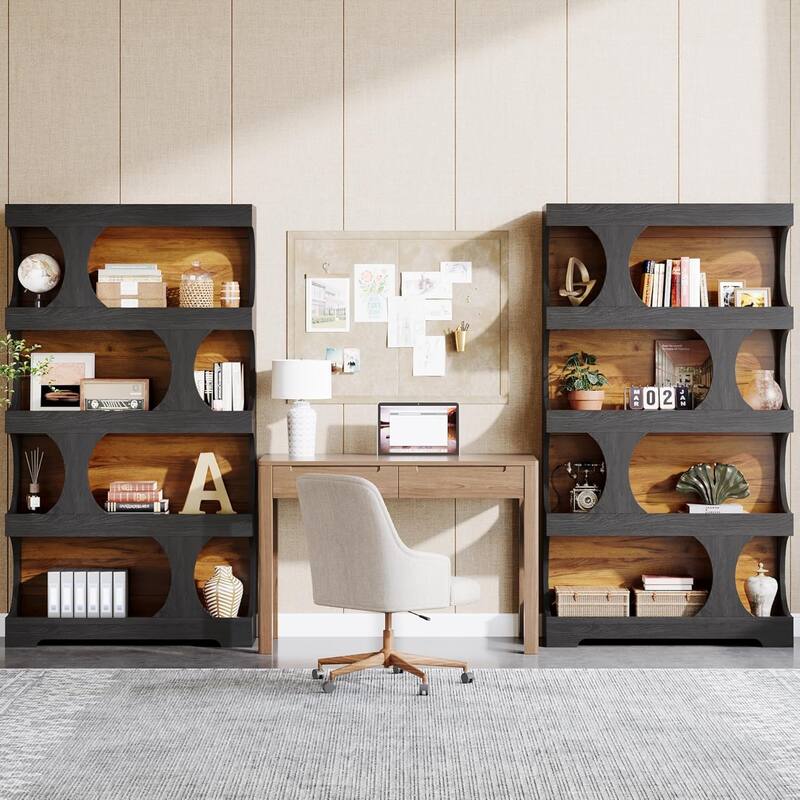 Black Wood 4-Tier Bookcase, 71” S-Shaped Tall Display Bookshelf