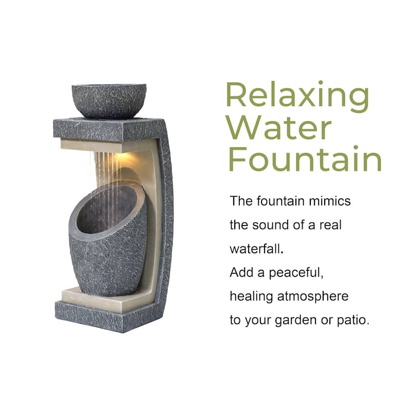 Gray Resin Column and Bowl Sculpture Outdoor Fountain with Lights