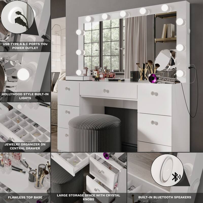 Premium Makeup Vanity with Bluetooth Speaker, Large Mirror, and 7 Drawers