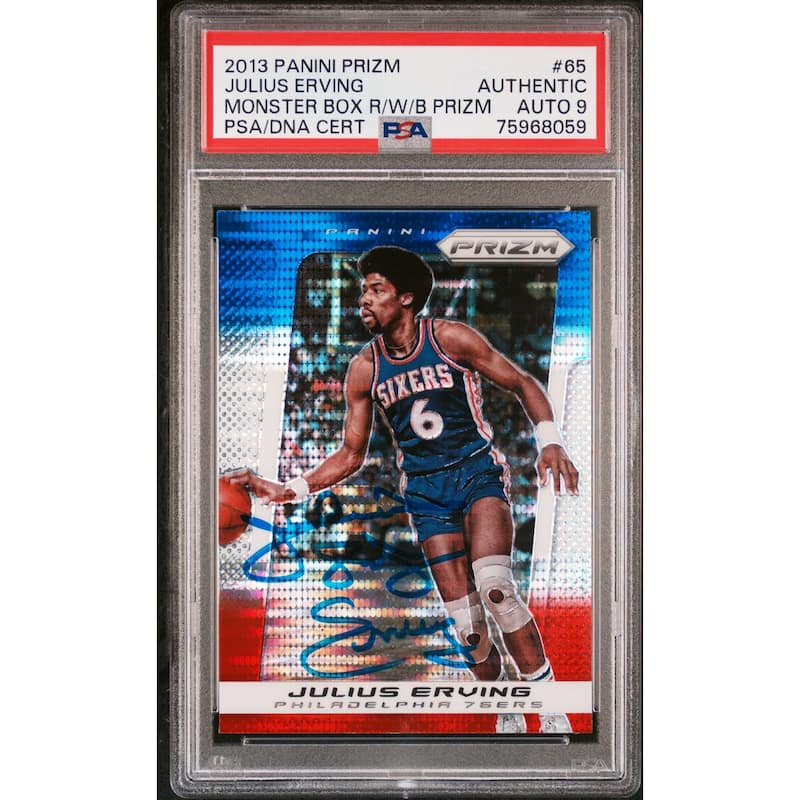 Julius Erving 2013 Panini Prizm Red White Blue Monster Box Card #65 Auto PSA 9 - 8'6" x 11'6"
