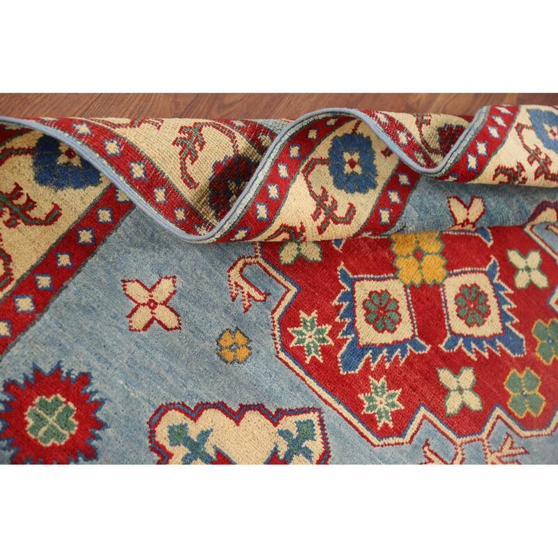 Blue Geometric Kazak Oriental Accent Rug Handmade Wool Carpet - 3'4" x 4'9"
