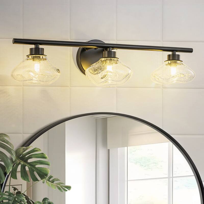 3-Light 24.4" Modern Black/Gold Bathroom Vanity Light with Stone-Shaped Seed Glass Shades