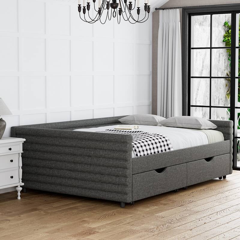 Ouyessir Modern Upholstered Tufted Daybed with Trundle & Drawers
