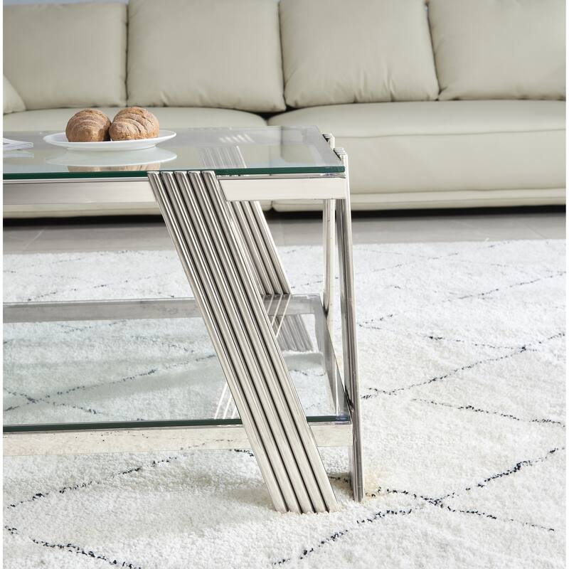 Modern Stainless Steel Coffee Table 2 Tier Tempered Glass Coffee Table with Storage Space, for Living Room, Silver
