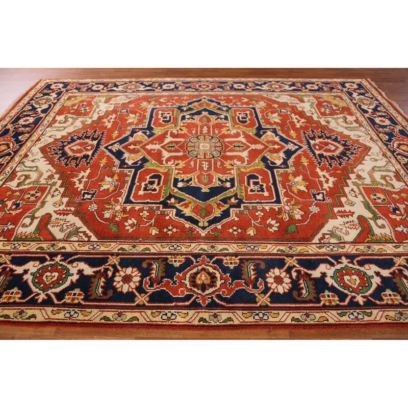 Orange Geometric Heriz Serapi Indian Area Rug Handmade Wool Carpet - 9'1" x 11'8"