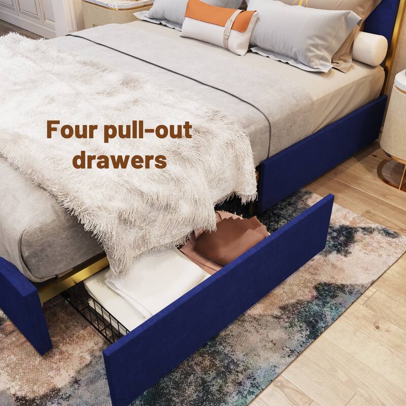 Gold+Blue Queen Upholstered Platform Bed with Golden Plating Trim