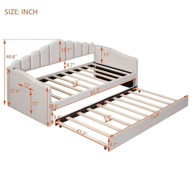 Modern Twin Velvet Daybed with Trundle, USB Ports, and Storage Pockets