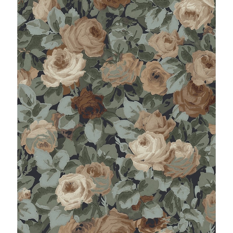 NextWall Rose Garden Peel and Stick Wallpaper - 20.5 in. W x 18 ft. L - Midnight Blue & Cafe
