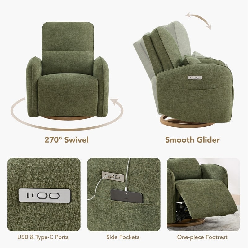 Spruce & Spring Power Swivel Recliner Chair Nursery Glider with Lumber Pillow