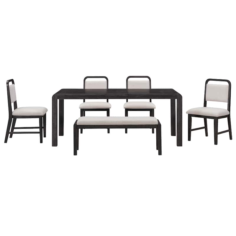 6-Piece Vintage Extendable Dining Table Set for 4-6 with 4 Upholstered Chairs & Bench, Rustic Wire-Brushed Kitchen Table