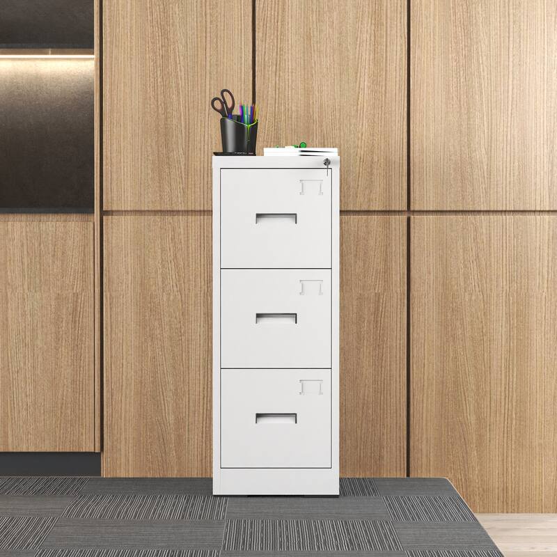 Modern Narrow File Cabinet Vertical Filing Cabinet with 3 Drawers, Locks and Card Slots, for Home Office, White