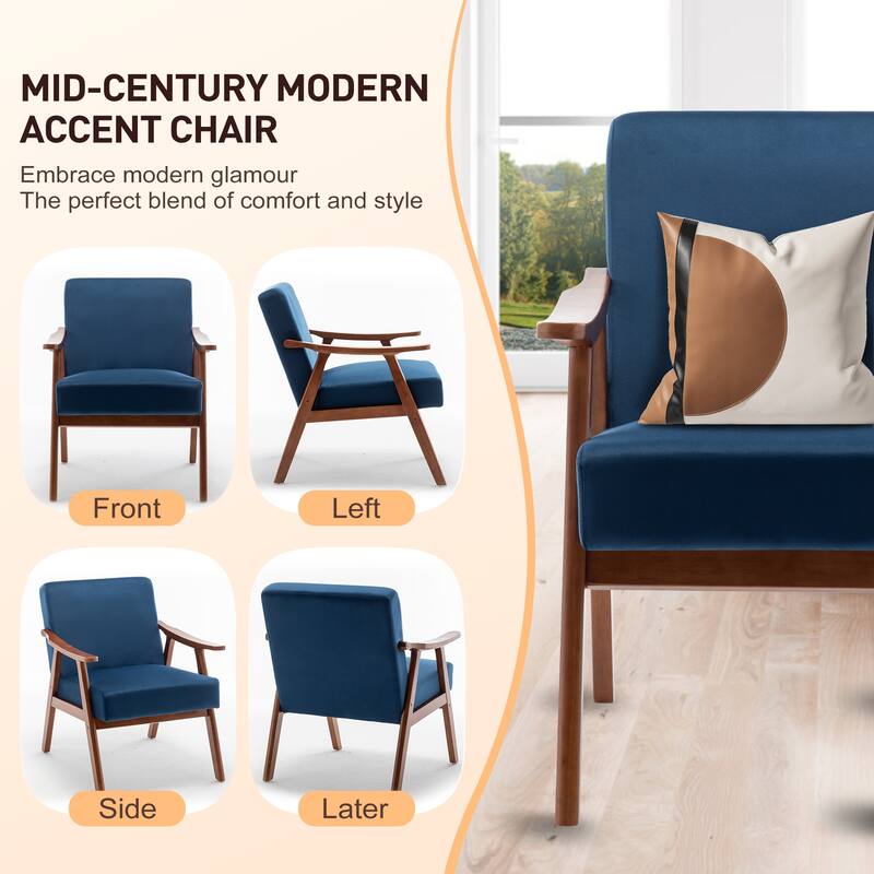 Mid-Century Modern Chair, Living Room Chair with Solid Wood Frame, Accent Chair Extra-Thick Backrest, Wingback Chair for Bedroom