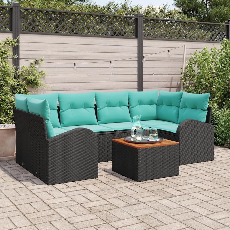 vidaXL 7 Garden Sofa Set with Cushions Black/Grey Poly Rattan - 92.1 x 48.8 x 27.2 - Black