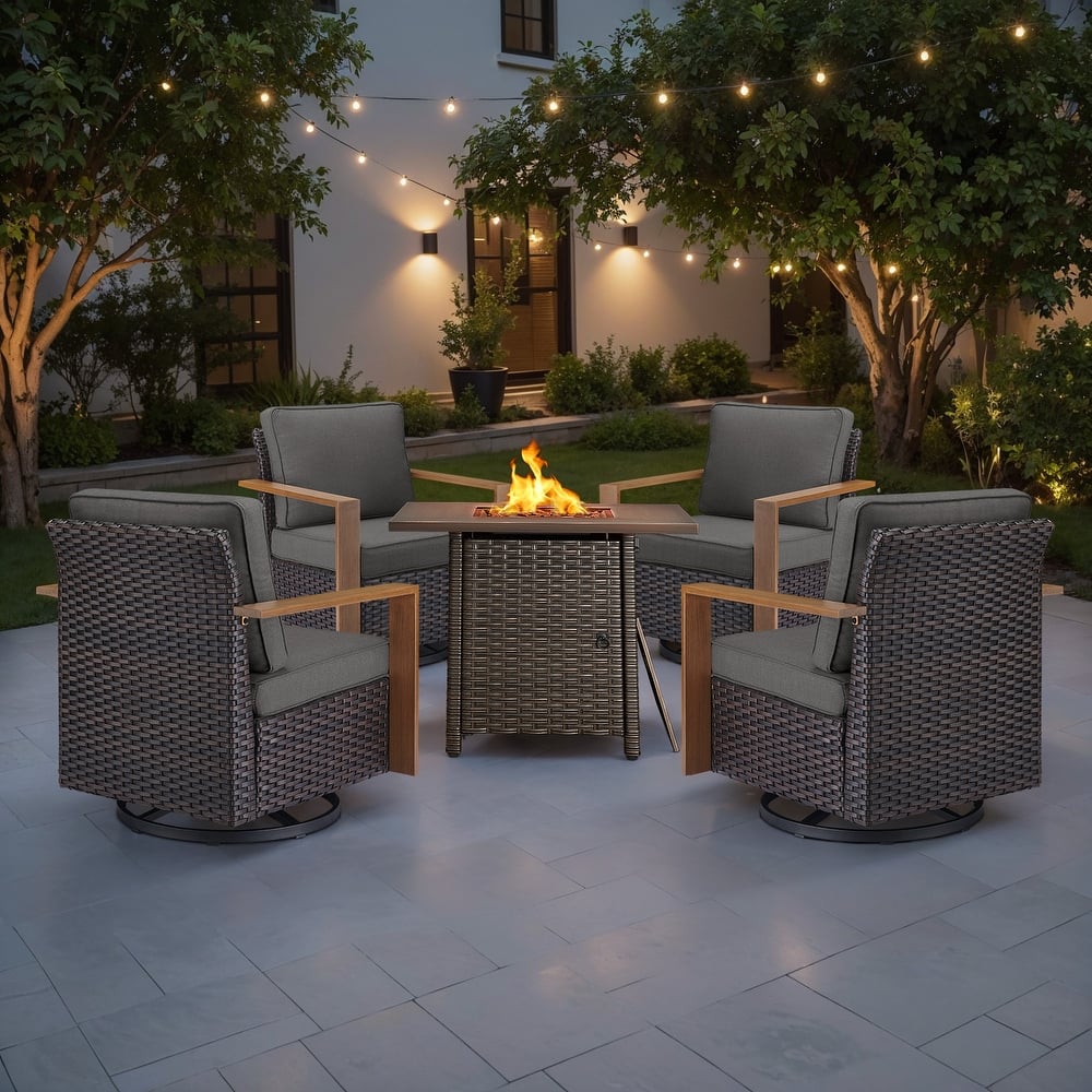 Meyreso 5-Piece Wicker Swivel Glider Fire Pit Set with Plush 4.5" Olefin Cushions