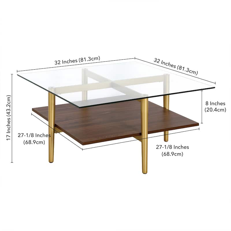 32" Square Modern Coffee Table with Glass Top and Metal Legs Lower Shelf Storage for Living Room - 32"L x 32"W x 17"H