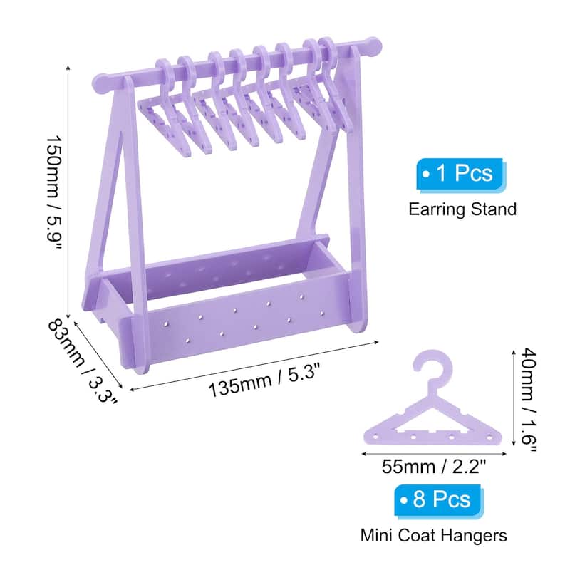 1 Set Earring Holder 8 Coat Hangers, Acrylic Earring Organizer 20 Hole - Purple