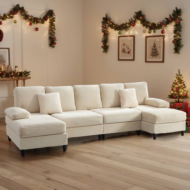 Mixoy W112inch Upholstered 5-Seater Sectional Sofa Couch,Corduroy Large U-Shaped Sofa with Double Chaises and Sleepable Armrests - Beige - Symmetrical