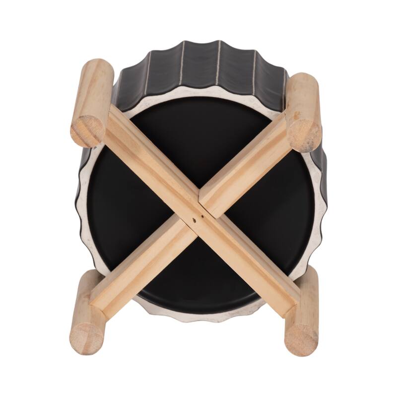 Ceramic Fluted Planter with Wood Stand - Black