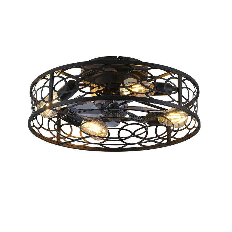 20" Caged Ceiling Fans with Lights,Bladeless Ceiling Fan 6 Speed Reversible with Remote Control,Flush Mount Caged Ceiling Fan - Matte Black