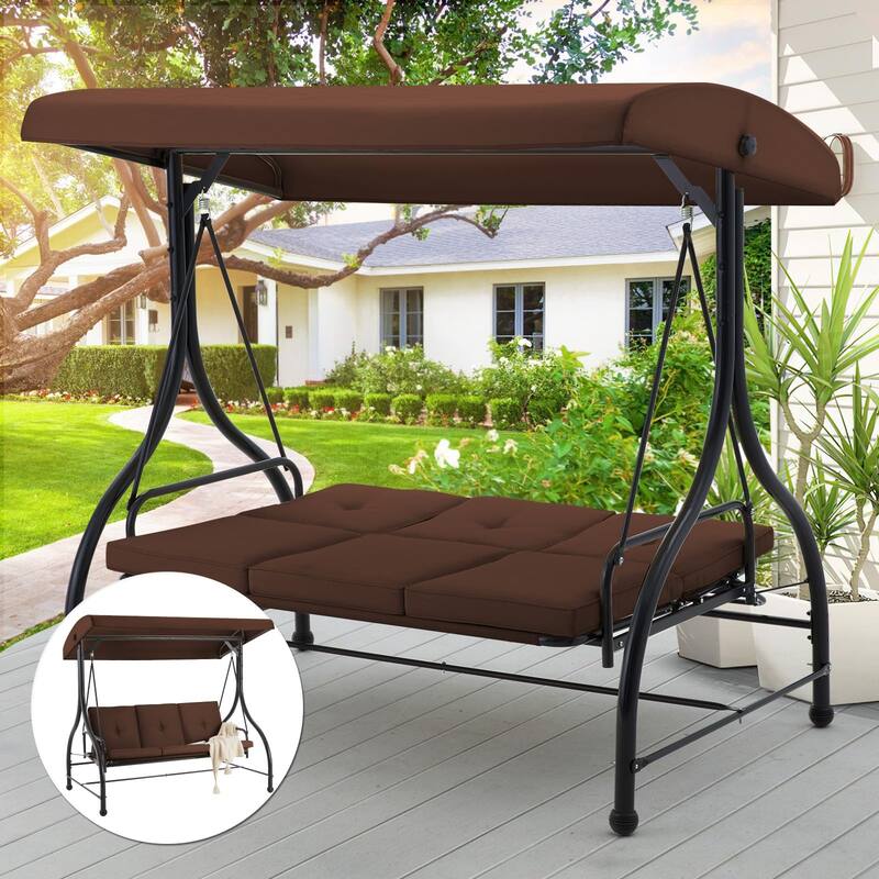 3-Seat Metal Patio Swing, Outdoor Porch Swing Glider with Cushions