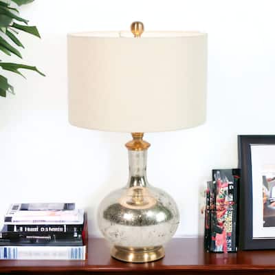HomeRoots 27" Silver Metallic Glass LED Table Lamp With Ivory Drum Shade - 16
