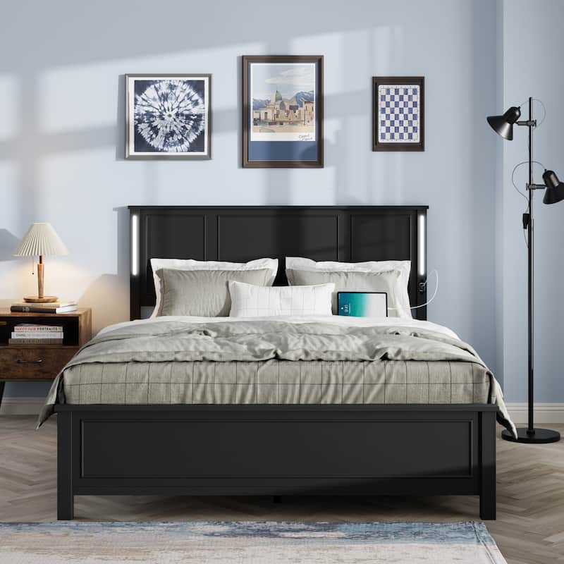Queen Size Platform Bed with Wood Headboard,Charging Station and LED Lights