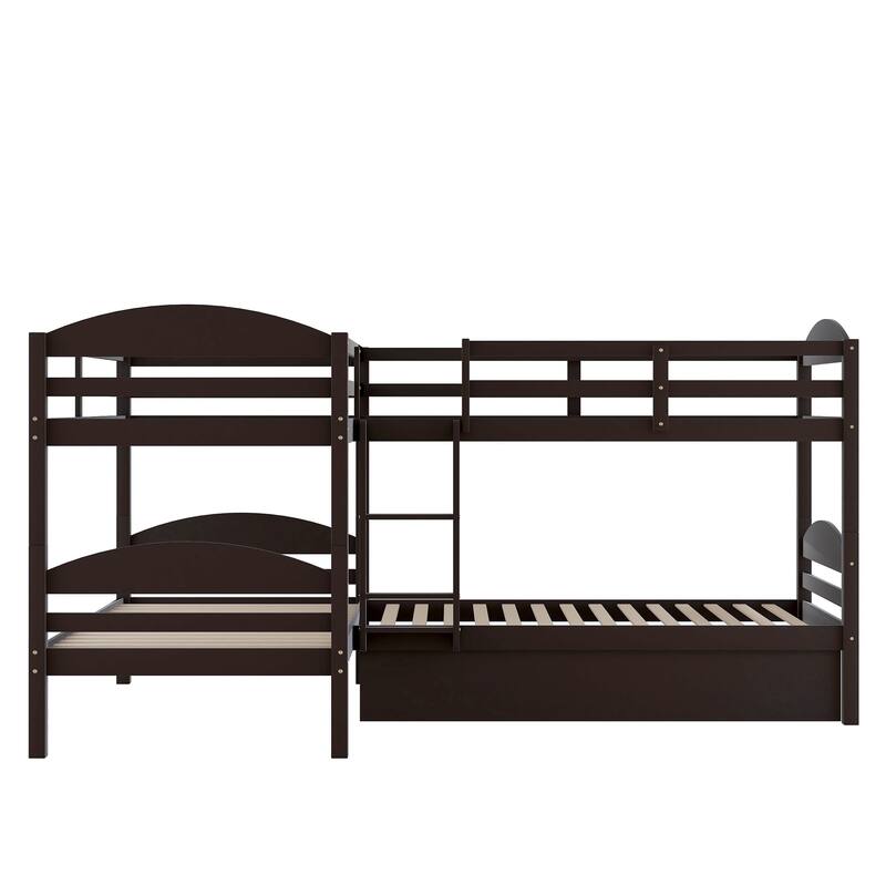 Twin L-Shaped Bunk Bed with Trundle Solid Pine Wood Convertible Beds