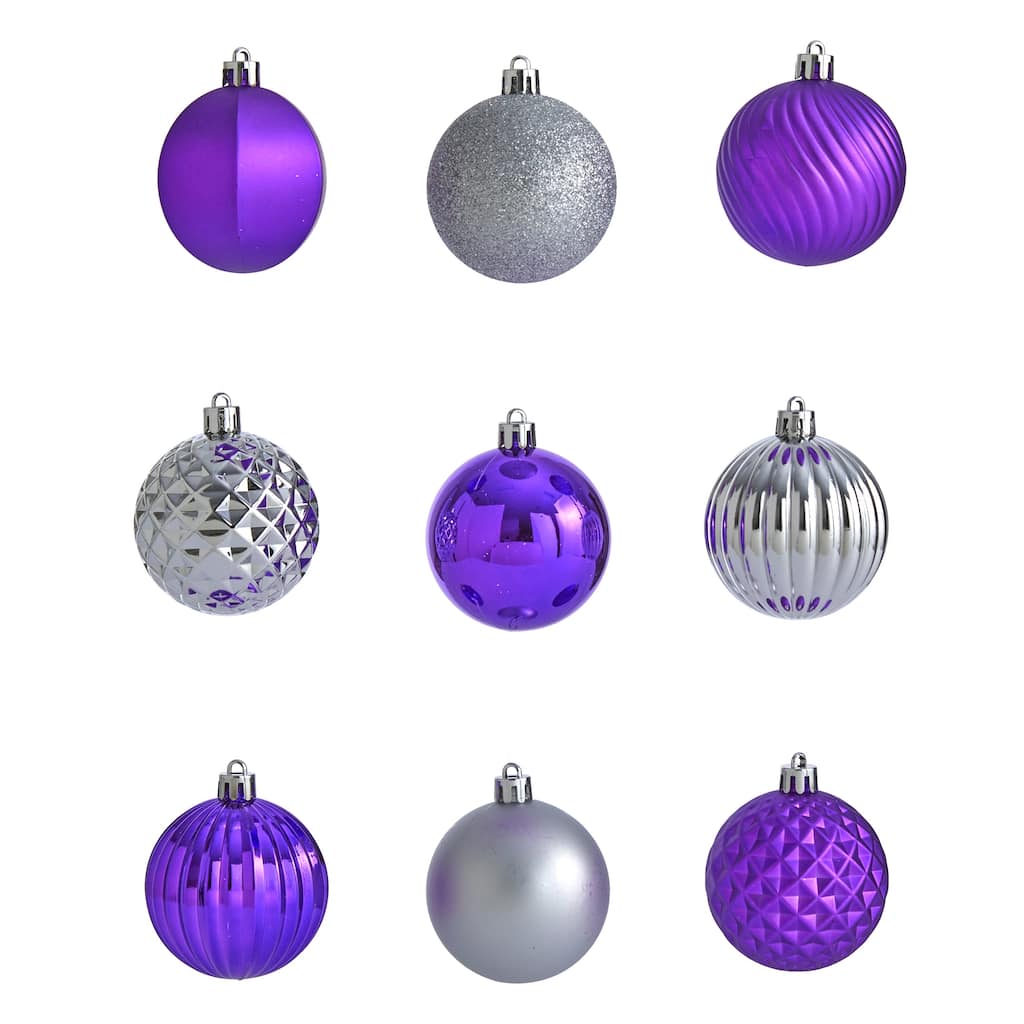 101ct Silver Purple Shatterproof 3-Finish Christmas Ball Ornaments 2"